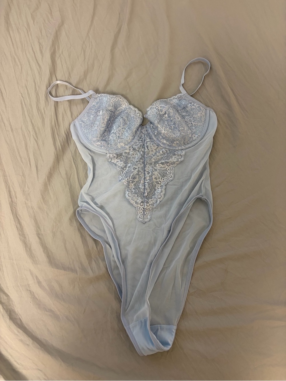 Forever 21 Light Blue Lace-Trim Sheer Bodysuit